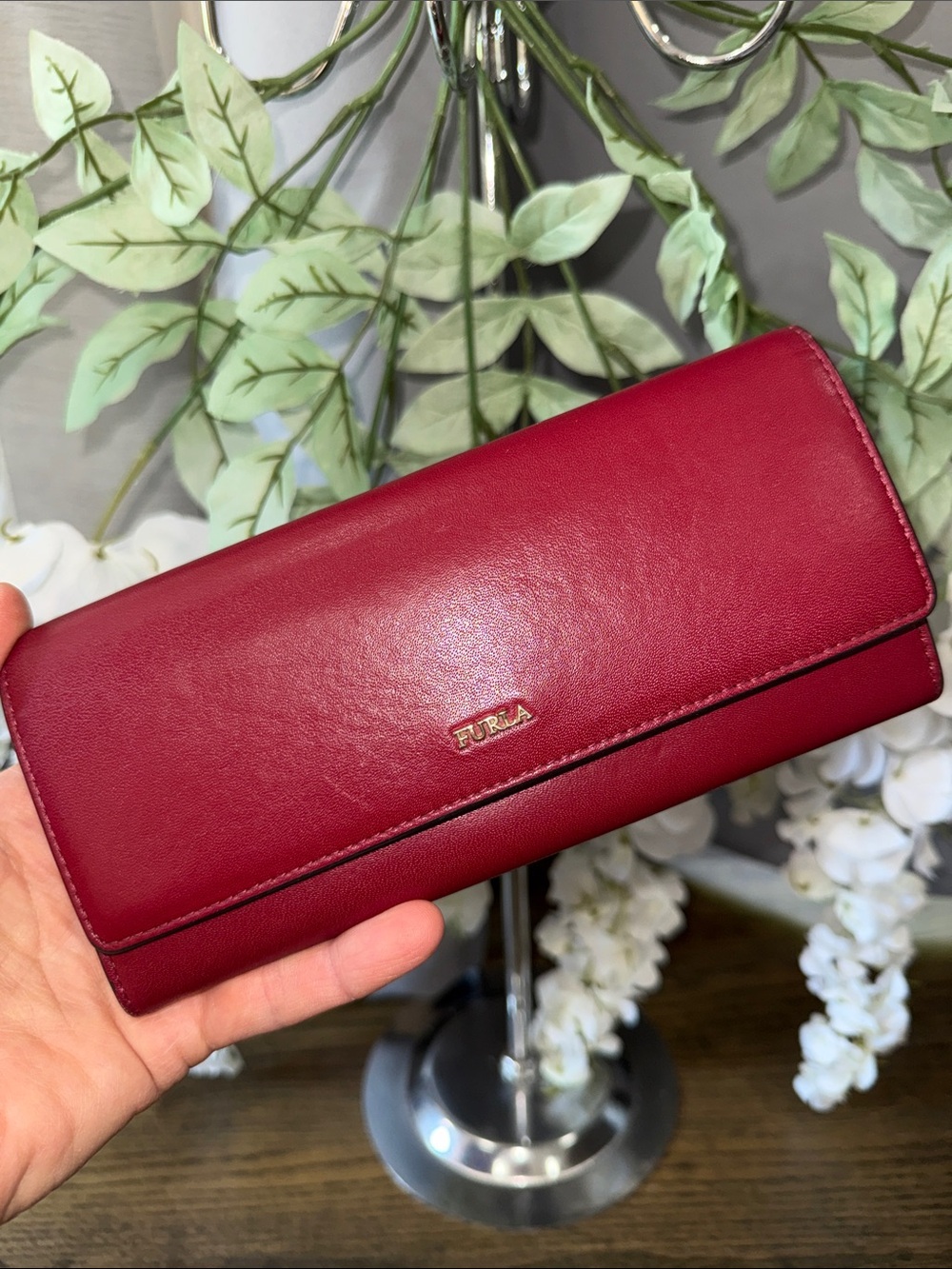 Furla like new Burgundy Leather Long Wallet with Gold Logo